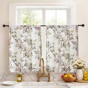 Simplebrand Natural Floral Linen Textured Tier Kitchen Curtains 36 Inch 2 Panels, Light Filtering Privacy Cafe Small Window Curtains for Dorm RV Camper, Farmhouse Soft Rod Pocket Panels, 30"W x 36"L