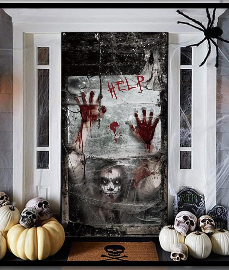 Horrible Horror Door Banner Cover for Halloween Party Decoration, Halloween Wall Decoration Backdrop, Holiday Home Hanging Decor Party Supplies Photo Background