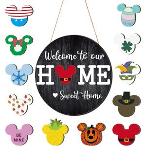 13 Pcs Mouse Interchangeable Door Sign,Seasonal Welcome to our Home Sign for Front Door,Mouse Seasonal Door Wreaths Welcome Signs for Valentine'S Day Housewarming Gifts Wall Porch Decor (Black)