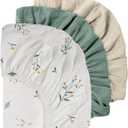 Gllquen Baby Muslin Mini Crib Sheets 3 Pack, Breathable Pack and Play Sheets Fitted Soft Cozy Cotton Pack N Play Sheets for Baby Boy Girls, Universal Fitted Mini Crib Mattresses 38"x26" (Green)