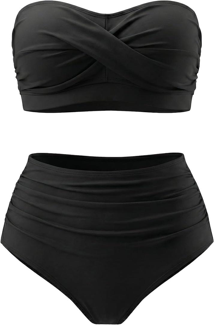 Yonique Women Plus Size Two Piece Swimsuits High Waisted Bathing Suits Bandeau Bikini Tummy Control Swimwear (Medium, Black)