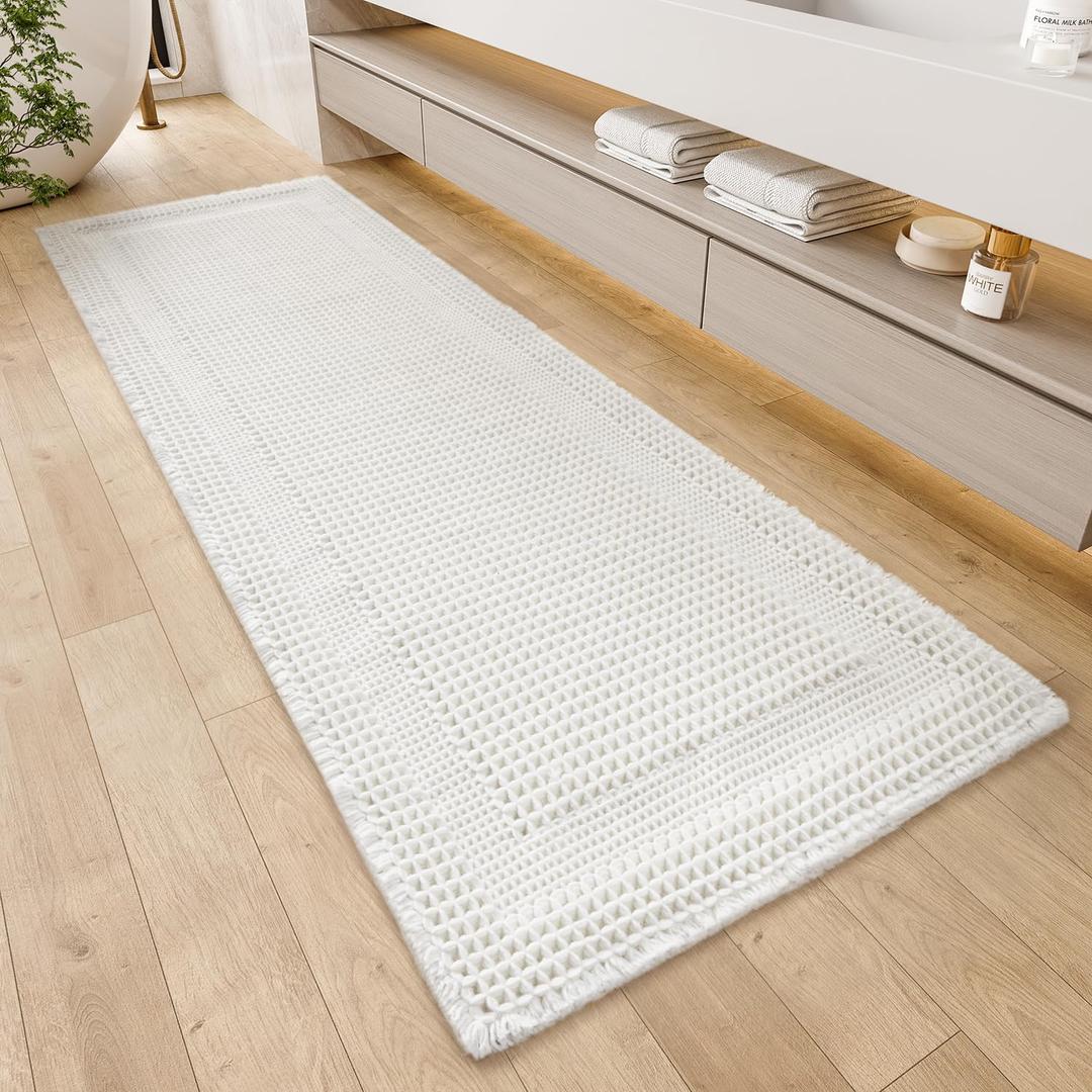 RESARE Waffle Bathroom Runner Rugs, Super Absorbent Bath Mat Non Slip Washable Quick Dry, Ultra Soft Quick Dry Boho Bath Rugs with Tassels for Hallway Bedroom Laundry Room, 2'x6'(24"x72"), White