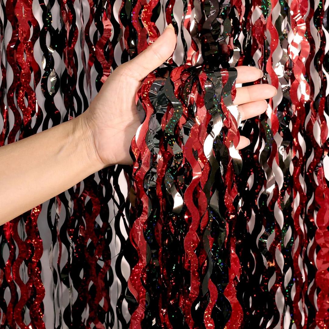 Pack of 4, 3.3x6.6 ft Red and Black Foil Fringe Backdrop Curtains - Wavy Tinsel Streamers Birthday Birthay Decorations, Fringe Backdrop for Graduation, Xmas, Disco Party