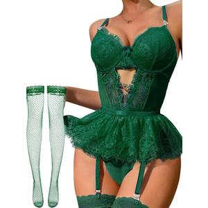 Women Lingerie Set Naughty Lace Bodysuit High Waisted Underwire Lingerie Babydoll With Garter Belt and Stockings (Large, Emerald Green)