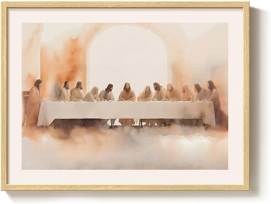 Framed Vintage Christian Wall Art, Neutral Last Supper Canvas Print of Jesus and Disciples, Beige Biblical Artwork for Dining Room, Living Room, Prayer Room, 12x16 Inch
