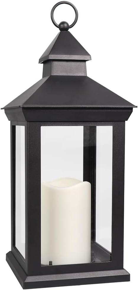 Bright Zeal 14" Decorative Candle Lantern Black Outdoor Lanterns with Timer Candles - Cool White Waterproof Vintage Lanterns Battery Powered LED Decorative for Wedding - Hanging Wall Lanterns Indoor