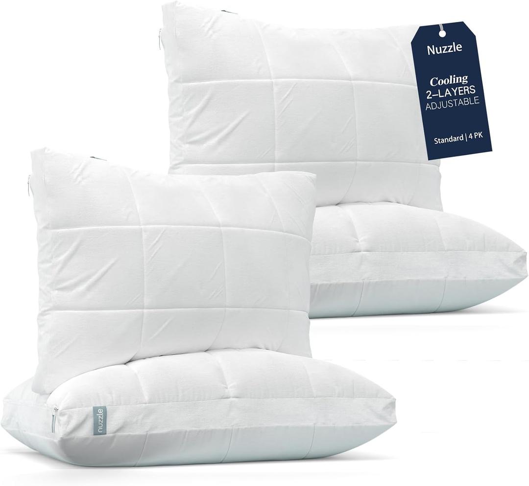 Nuzzle Cooling Adjustable Pillow for Side Sleepers, Luxury Standard Size Set of 4 Bed Pillow Hotel Collection - Best Adjust Height Soft Firm Pillow for Back, Stomach or Side Sleepers - Home Gifts (White)