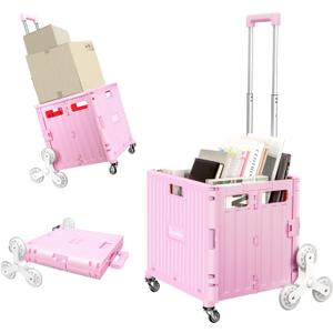 Foldable Rolling Cart for Stair Climbing: Rolling Crate for Grocery File Office Book, Pink 