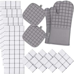 Oven Mitts and Pot Holders Set 500 Degree Heat Resistant Oven Gloves and Hot Pads, Premium Soft Cotton Kitchen Hand Towels and Dish Cloth Hanging Loop Gray