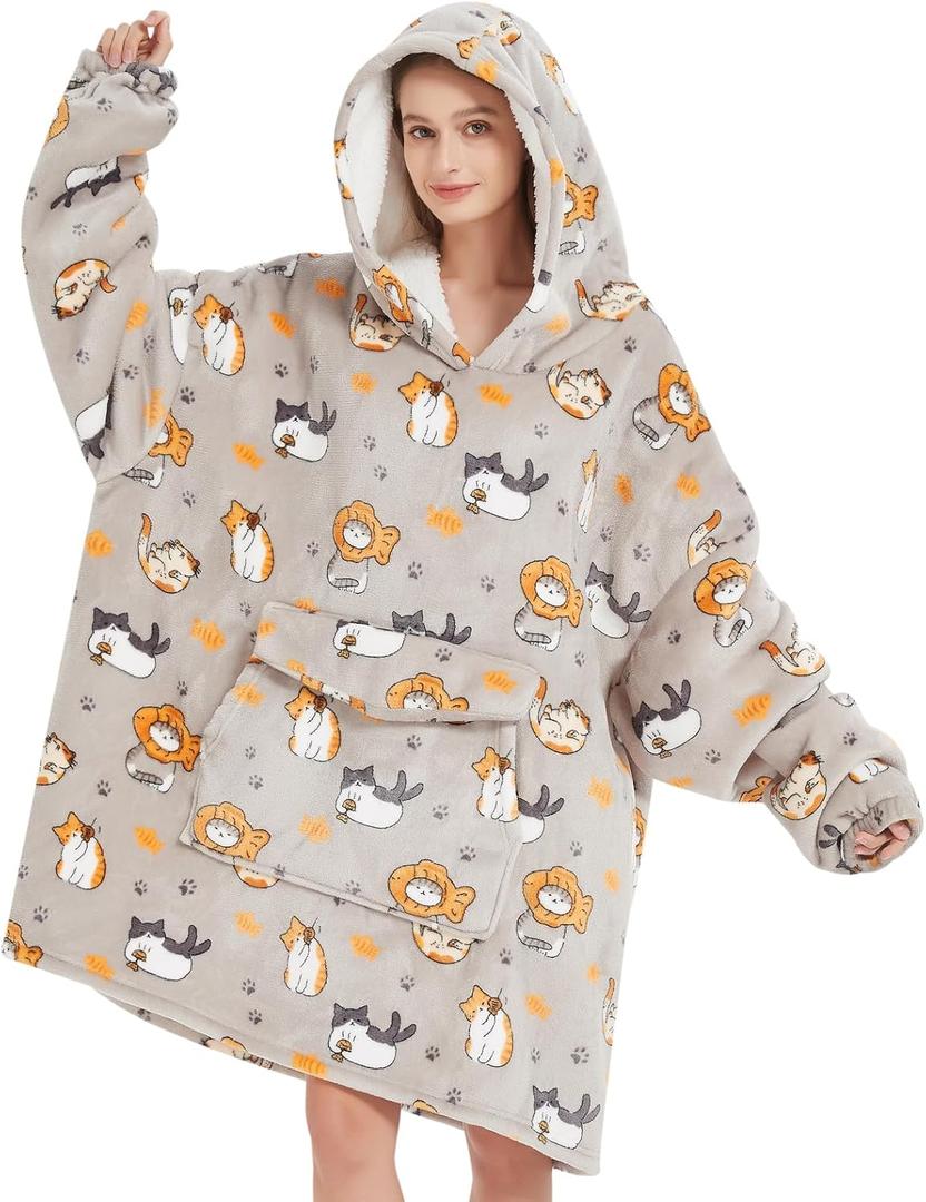 Wearable Blanket Hoodie for Adult,Oversized Sherpa Fleece Blanket Hoodie for Women Men,Cat