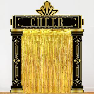 6 Pcs Roaring 20s Party Decorations Set Black and Gold Door Cover Banner with Gold Tinsel Fringe Curtain Backdrop 1920s Birthday Speakeasy Awards Night Vintage Jazz Flapper Wedding Supplies