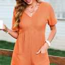 AlvaQ Rompers for Women Solid Color Casual Short Sleeve V Neck Zipper Short Jumpsuits with Pockets (XXL)