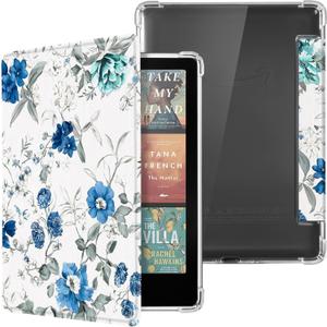 CoBak Case for Kindle Paperwhite 12th Gen 2024 (7") & Kindle Colorsoft Signature Edition (7") - New PU Leather Cover and Clear Soft Silicone Back Cover with Auto Sleep Wake Feature (Blue Blossom)