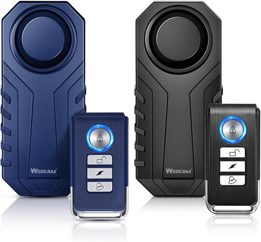 WSDCAM Bike Alarm 2 Pack 113dB Wireless Anti Theft Vibration Motion Sensor Vehicle Security Alarm System Waterproof Motorcycle Alarm Bicycle Alarm with Remote - Black & Blue