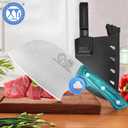 XYJ Authentic Since 1986,Heavy Duty Large Meat Cleaver,Serbian Chef Butcher Knife with Case,Chefs Vegetable Kitchen Knife,Full Tang for Outdoor Camping,Wood Handle with Sheath (Blueish Green Wood)