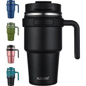 ALOUFEA 20 oz Insulated Coffee Mug Tumbler with Handle, Stainless Steel Travel Mug Tumbler with Lid and Straw, Double Wall Vacuum Leak Proof Ice Coffee Thermal Cup, Black