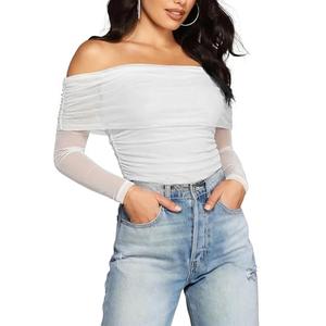 GLEENEAT Women's Off The Shoulder Long Sleeve Bodysuit Sexy Slimming Body Suit Tops Sheer Mesh Ruched Fall Outfits 2026 White M