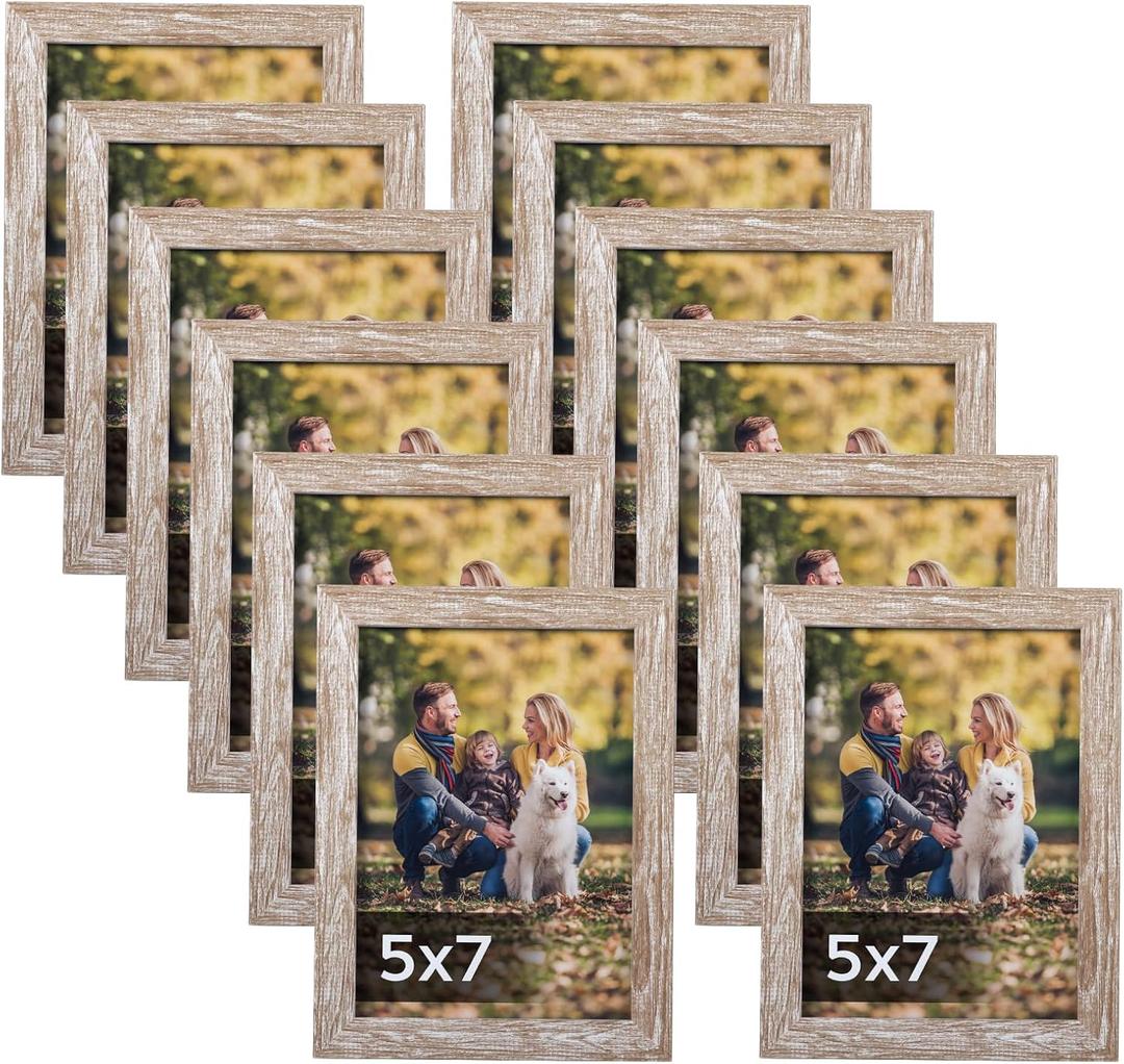 Lyeasw Rustic 5x7 Picture Frame Set of 12, Multi Woodgrain Farmhouse Photo Frames for Wall or Tabletop, Beige