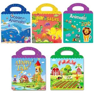Reusable Sticker Book for Kids, 5 Sets Educational Learning Toys Travel Stickers Activity Books for Toddler Girls Boys Age 3+ Birthday Gifts - Fairy, Ocean, Farm, Dinosaur & Animals