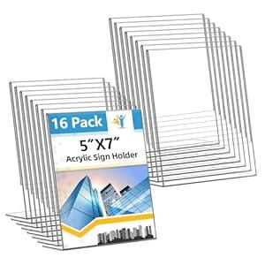 Acrylic Sign Holder 5x7 Inches, 16 Pack Clear Plastic Table Paper Display Stand, L-Shape Vertical Menu Holder Stand, Clear Picture Photo Flyer Display Stand for Restaurants, Store Show, Office Desktop