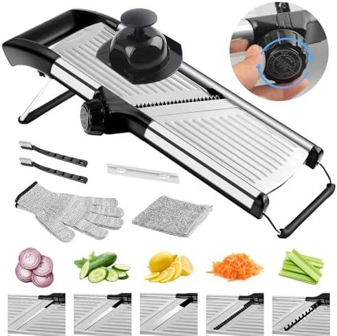 NIOSAVM commercial Mandoline Slicer,Stainless Steel Vegetable Slicer,non-slip mandoline slicer for kitchen,Keto,Potato,cucumber,4 Blades & Cut-Resistant Gloves(Includes Brush & Cloth).