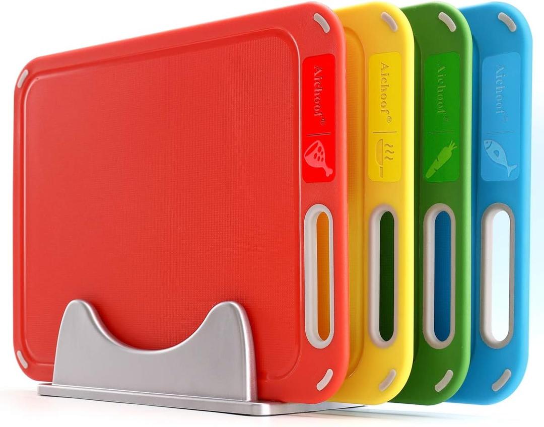 Plastic Cutting Board, Set of 4 with Storage Stand, Color Box Packed, BPA-Free, Preventing Cross-contamination of Different Food Types, Dishwasher Safe Plastic Cutting Board, Set of 4 with Storage Stand, Color Box Packed, BPA-Free, Preventing Cross-contamination of Different Food Types, Dishwasher Safe