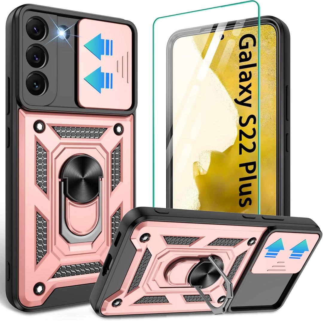 Gritup Compatible with Samsung Galaxy S22 Plus Case with HD Screen Protector with Slide Camera Cover, 360Rotation Ring Kickstand [Military Grade], Rose Gold