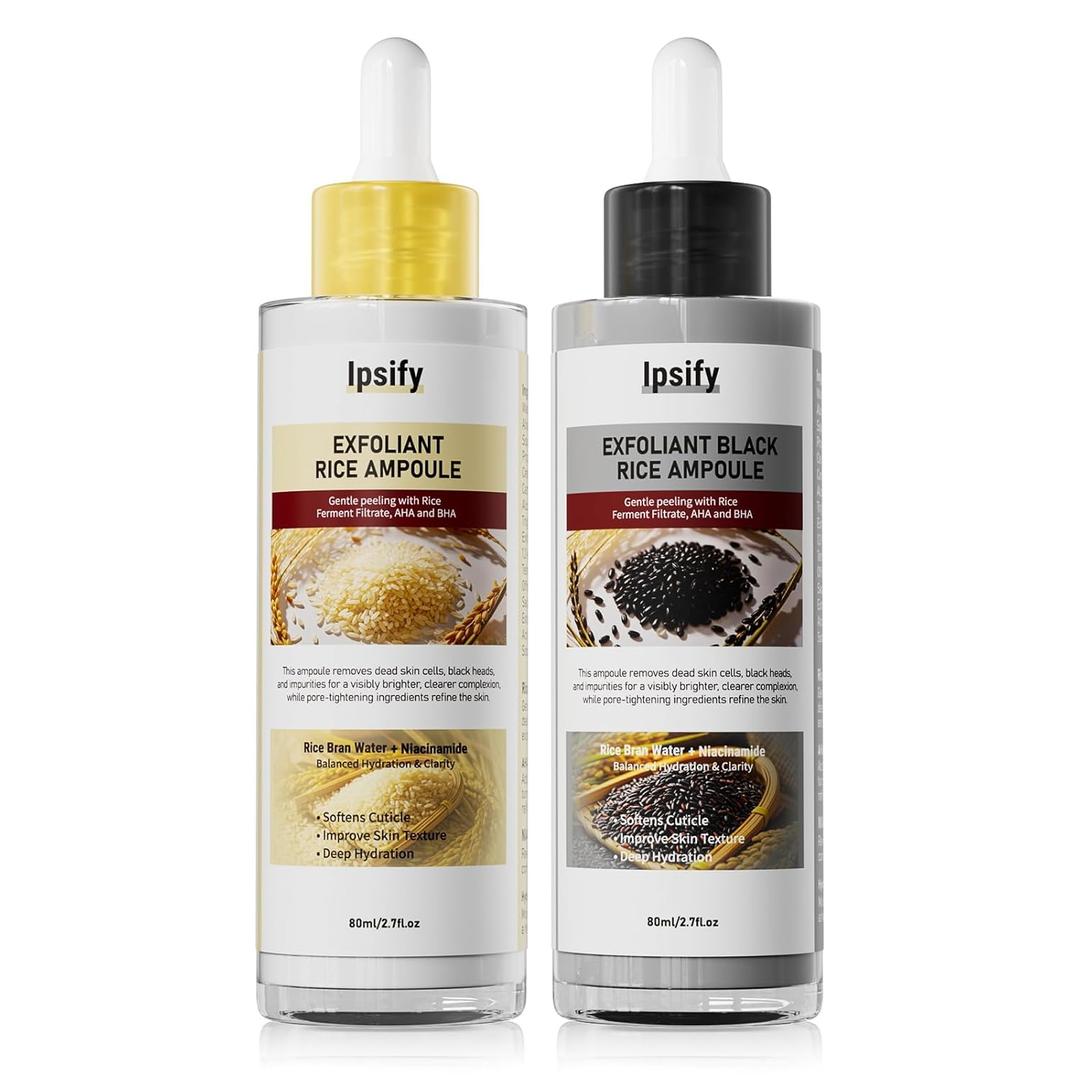 Peel Shot Glow Rice Ampoule Duo, Black and White Rice Exfoliant for Face and Body, Rice Exfoliator for Faces Dead Skin Cells Remover, Face Peel Shot Serum for Softens Cuticle (White+Black, 160ml)