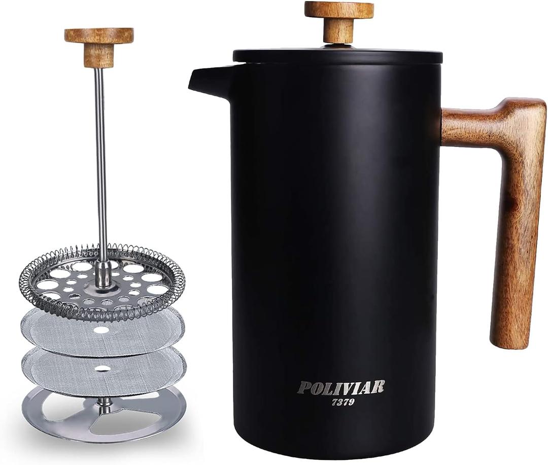 POLIVIAR French Press Coffee Maker, 34 Ounce Coffee Press with Real Wood Handle, Double Wall Insulation & Dual- Filter Screen, Food Grade Stainless Steel for Good Coffee and Tea (Vintage) (34 oz, Black)