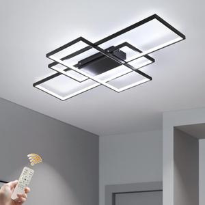 GEADI Modern Extra Large LED Ceiling Lights, Black Dimmable Rectangular Chandelier 68W Flush Mount Ceiling Lamp with Remote 3 Squares Ceiling Light Fixtures for Living Dining Room Kitchen, 41.3in