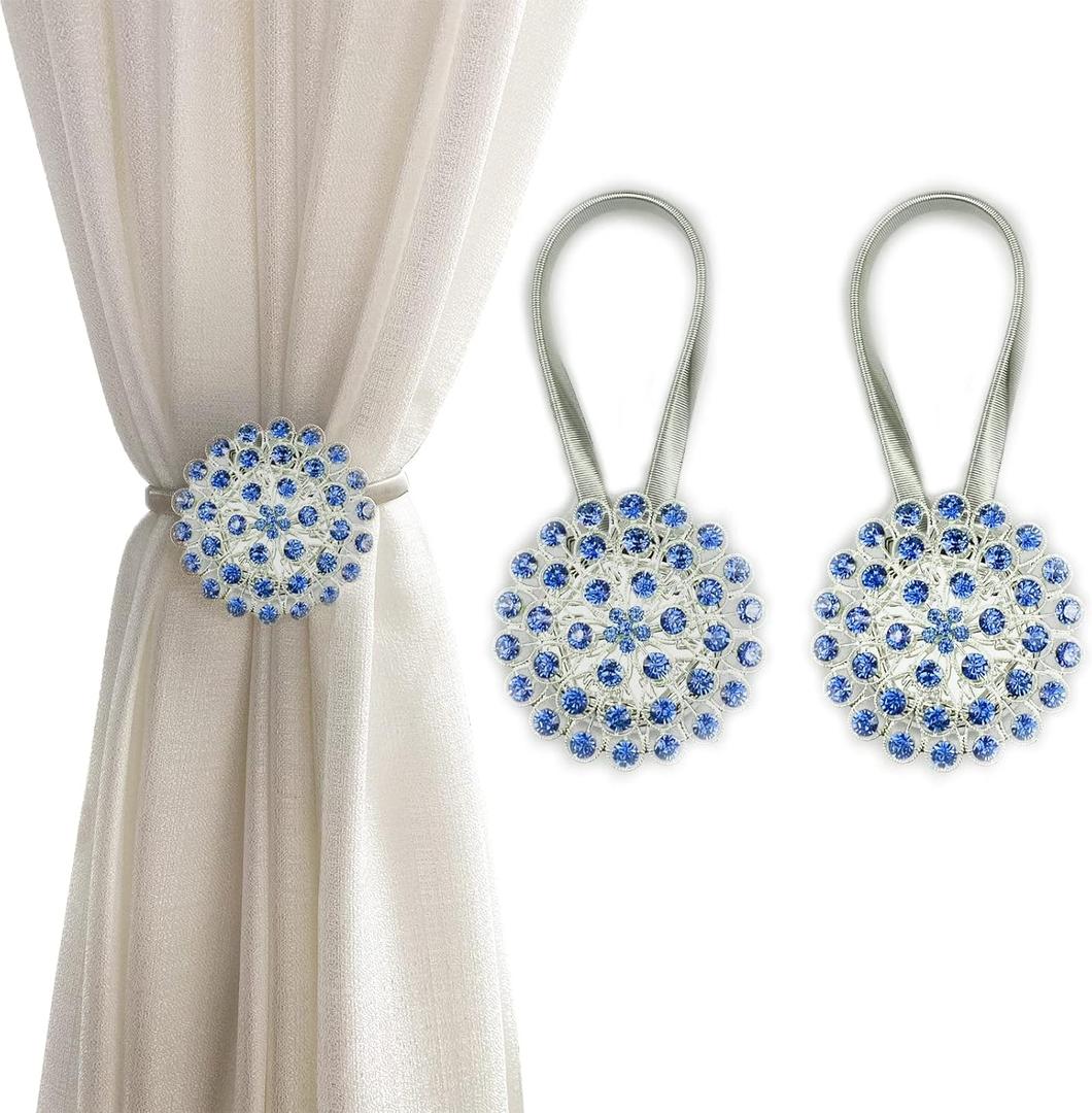 Magnetic Tiebacks for Curtains, 2 Pack Sparkling Crystal Flower Curtain Tiebacks Curtain Buckle Clips with High-Elastic Spring Wire for Home Office Decoration (Royal Blue)