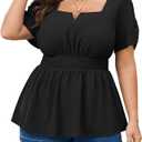 SCOMCHIC Womens Plus Size Tops Square Neck Peplum Blouse Top Short Sleeve Smocked Waist Ruffle Hem Babydoll Tops 4XL