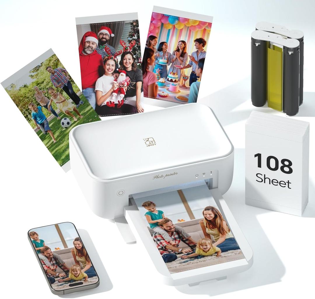 HPRT 4x6 Photo Printer with 108 Sheets & 2 Color Ribbons - Dye Sublimation Wireless Portable Photo Printer for iPhone & Android Smartphones, Home & Travel Picture Printing, Ideal Gift, White