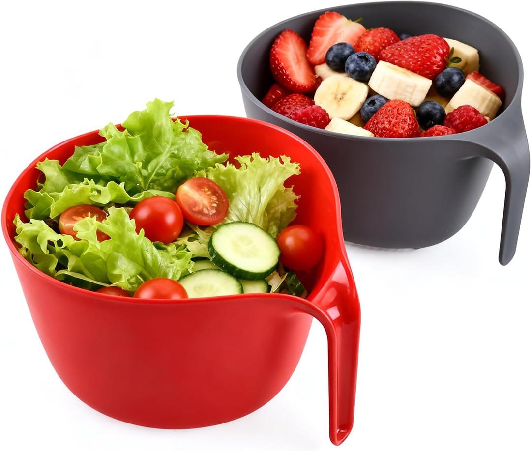 2 Pcs Plastic Mixing Bowls with Colander, 5qt - Nesting Bowls for Kitchen Cooking and Baking Supplies, Red & Gray