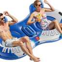 QPAU Inflatable Double River Tube, 2 Person 660lb Capacity, Puncture-Resistant 93" Sturdy Heavy Duty River Float, River Raft with Ergonomic Backrest, Cooler & Cup Holders for Family (Blue&White)