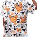 2 x Womens Halloween Hawaiian Shirt Cute Pumpkin Spooky Castle Graphic Tee Magical Halloween Short Sleeve Button Up Tops (M)