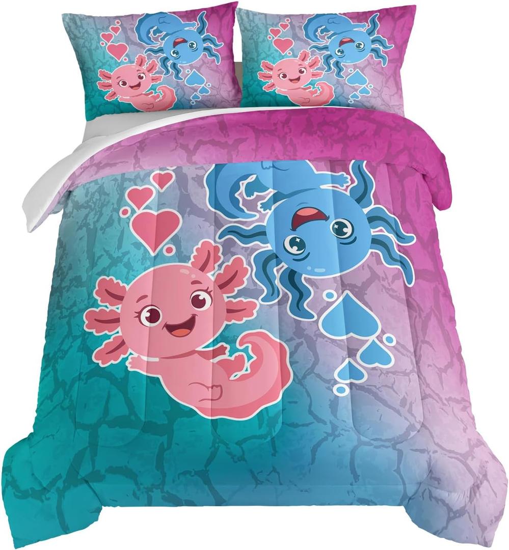 HOSIMnoA Axolotl Comforter Set Pink and Blue Axolotl Pattern Kawaii Bed Set for Kids Bedroom Decor, Twin Bed Set for Girls with 2 Pillowcases. (Full)