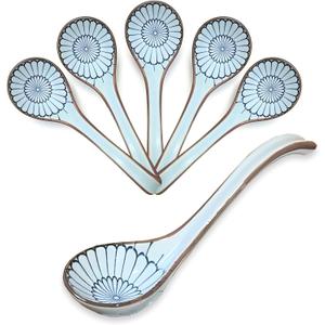 6PCS Asian Ceramic Soup Spoons, with Long Handle and Deep Bottom, for Ramen, Wonton, Dumpling, Noodle