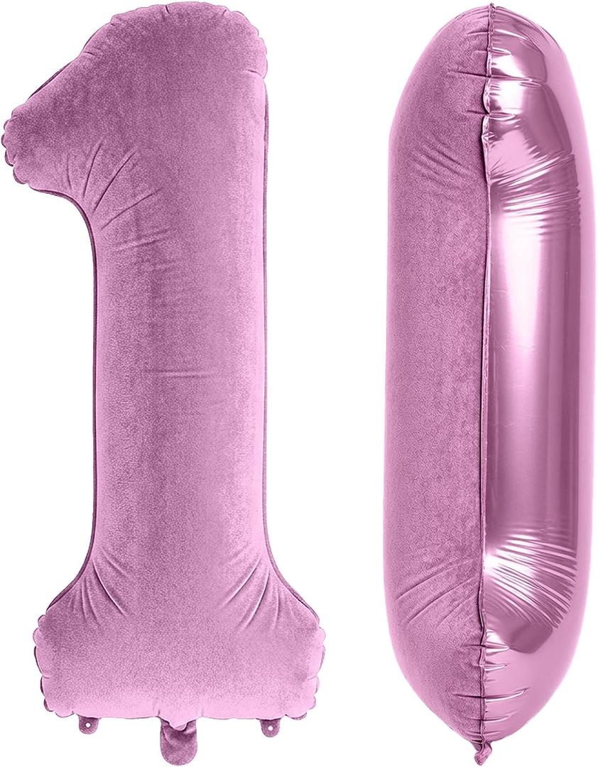 6 x 40 Inch Number 1 Balloon, Large Pink Number Balloons for Boy Girls 1st Birthday Decorations, Flocked Velvet Matte Foil Birthday Balloon 0-9 for Women Men, Giant Number 1, Anniversary Supplies