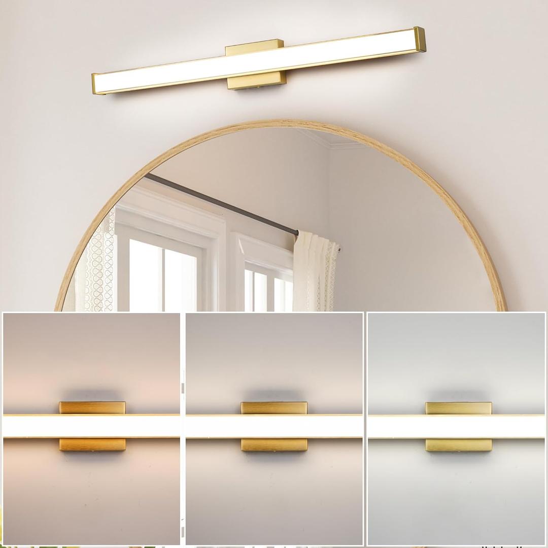 Modern LED Bathroom Vanity Light 36 inch 24W Dimmable 3CCT Bathroom Light Fixture Over Mirror Rectangle Bath Vanity Light Bar with Double Layer Acrylic Shade (Golden)