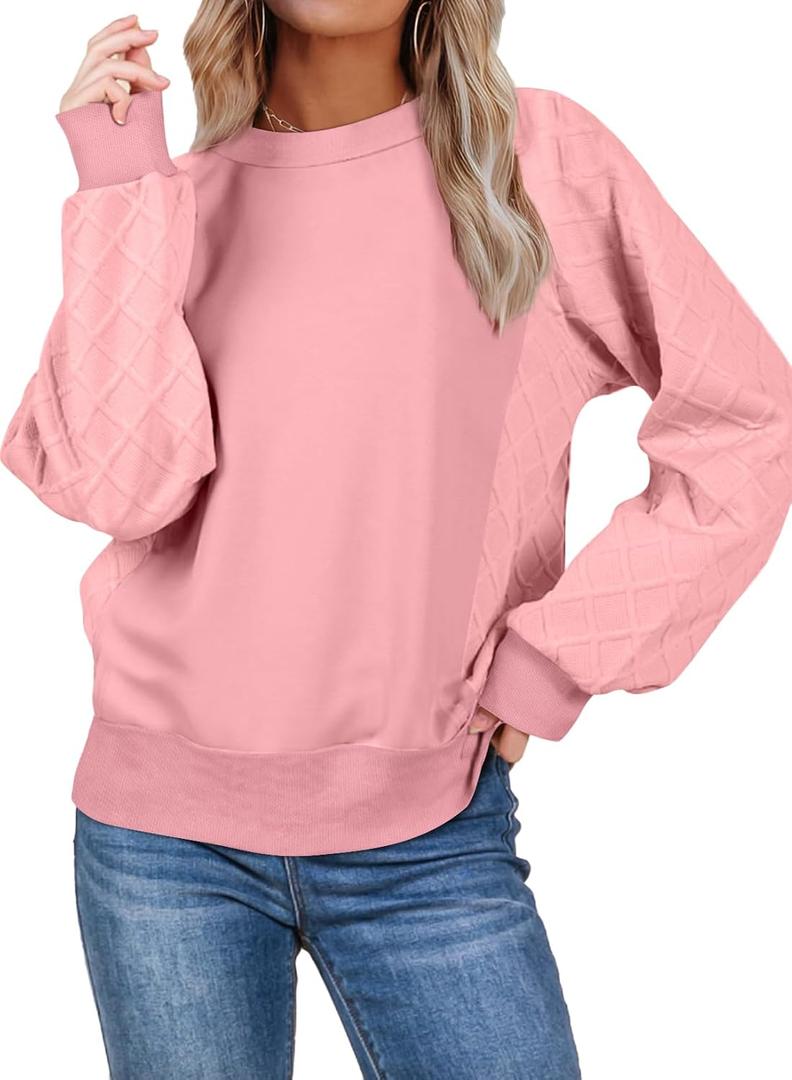 SHEWIN Womens Crewneck Sweatshirts Patchwork Texture Long Sleeve Tops Casual Loose Pullover Sweatshirt Fall Clothes (XX-Large, Pink)