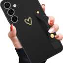 Compatible with Samsung Galaxy S24 Plus Case for Women Girls, Cute Gold Love Heart Pattern with Wrist Hand Holder Stand Slim Soft Silicone Kickstand Protection Cover (Black)