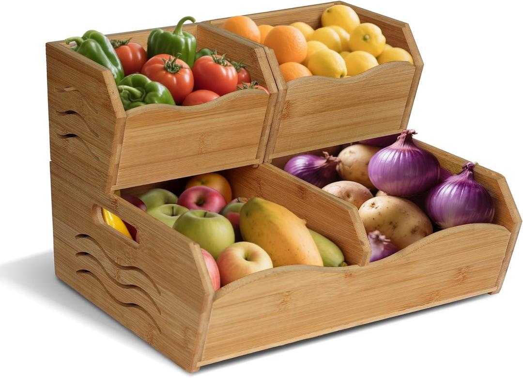 3 Pieces Bamboo Pantry Storage Bins, Stackable Pantry Baskets with Handle, Kitchen Potato and Onion Storage Bin, 2 Tiers Pantry Organizer for Produce, Fruits, Vegetable