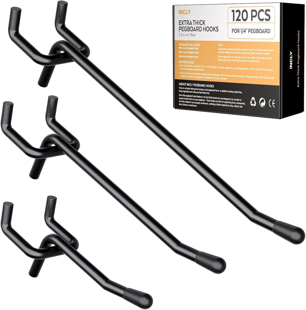 INCLY 120 Pack 2/4/6 Inch Black Pegboard Hooks, 1/4" Heavy Duty Peg Board Shelving Hooks Accessories, Peg Board Tool Hangers Fit 1/4" Pegboard Hanging Tools Garage, Crafts Organizing, Kitchen, Store