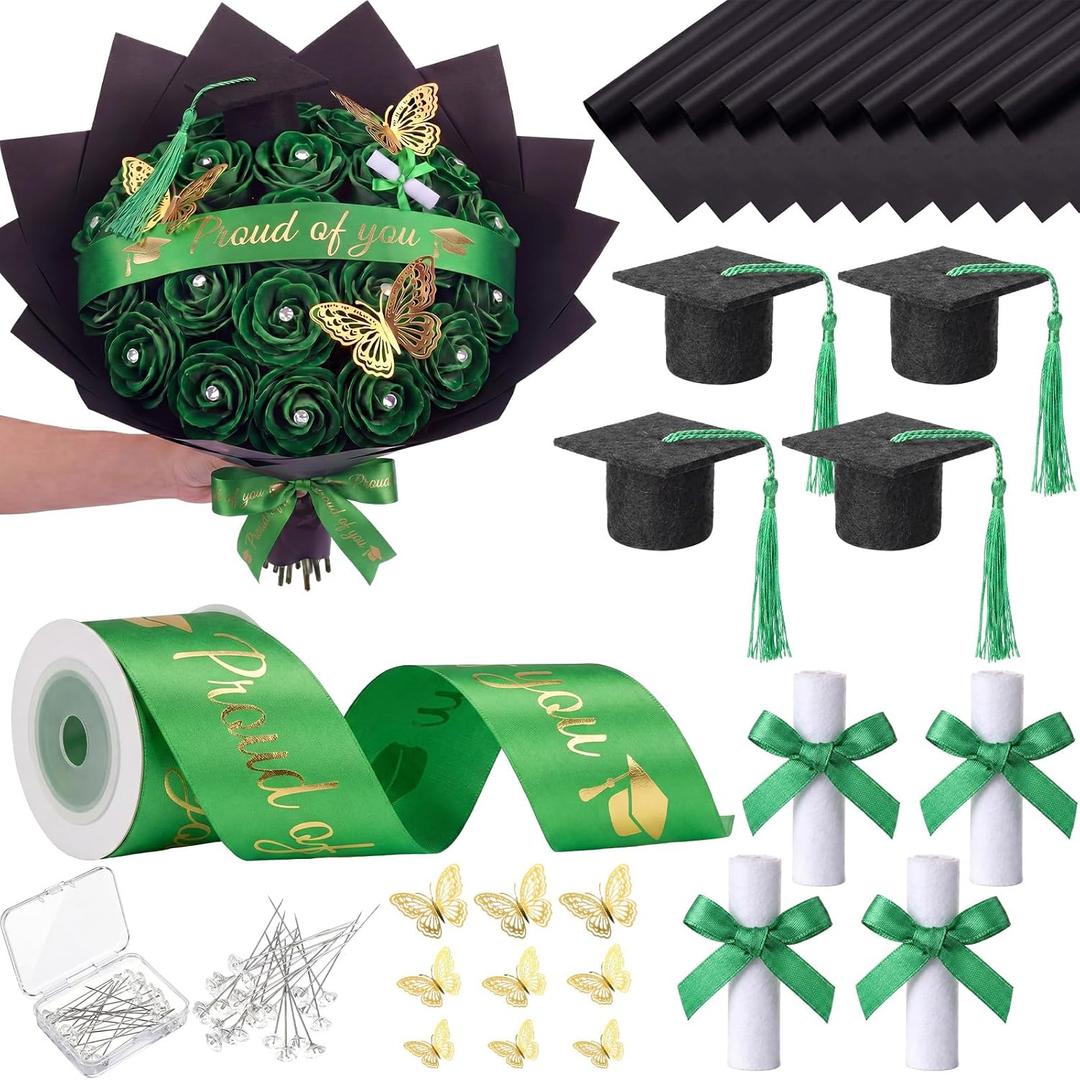 Gilprop 56 Pcs Graduation Flower Bouquet Floral Wrapping Paper Ribbon Butterfly Gem Pins Certificate Scroll Mini Grad Cap for Graduation Party Flower Money Bouquet(Proud of You,Green, Gold)
