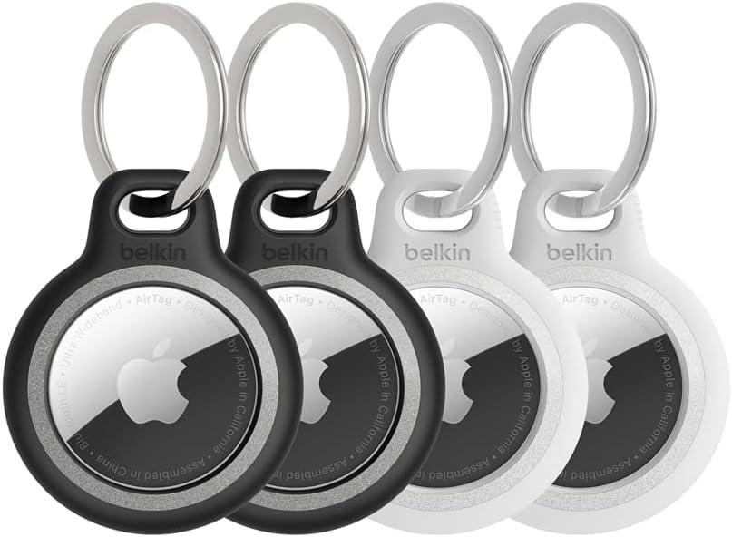 Belkin Apple AirTag Reflective Secure Holder w/Key Ring, Scratch-Resistant Case w/Raised Edges - Protective AirTag Keychain Accessory for Keys, Child Tracking Device, Pets - Black/White (4-Pack)