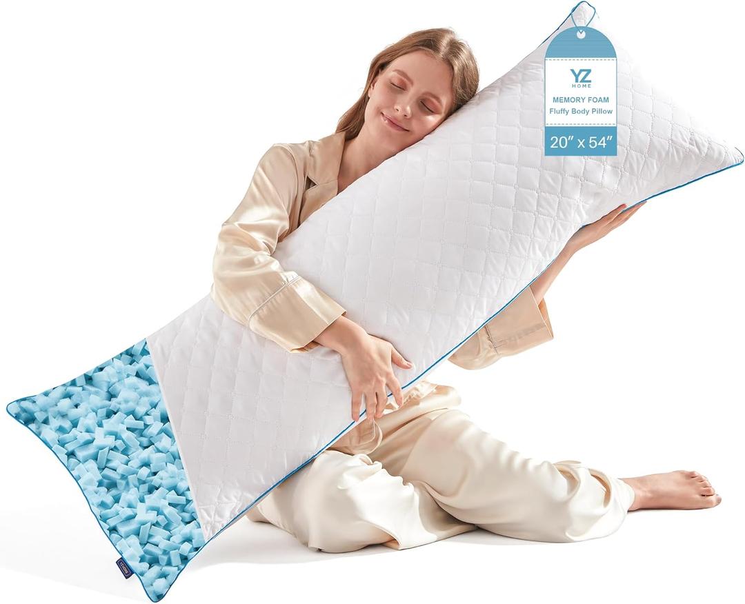 YZ HOME Long Body Pillow for Adults - Firm Body Pillow Insert with Shredded White Memory Foam, Adjustable Height, Soft Support for Side Sleeping, Pregnant Women, Washable (White, 20x54 Inch)