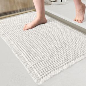 Waffle Bathroom Rugs 24x60 Super Absorbent Non Slip Bath Floor Mat Washable Dry Fast Bath Mats with Tassels Ultra Soft White Boho Area Rug for Tub