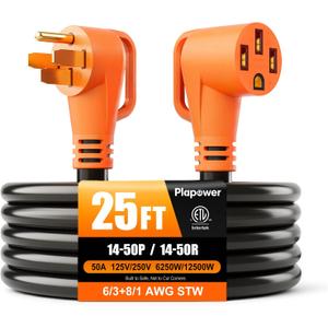 25 FT 50 Amp RV Extension Cord, Nema 14-50P to 14-50R, Flexible 4 Prong Heavy Duty RV Power Cord Waterproof Power Cord with Grip Handle & Organizer, 125/250V 6250/12500W STW (Black Orange)