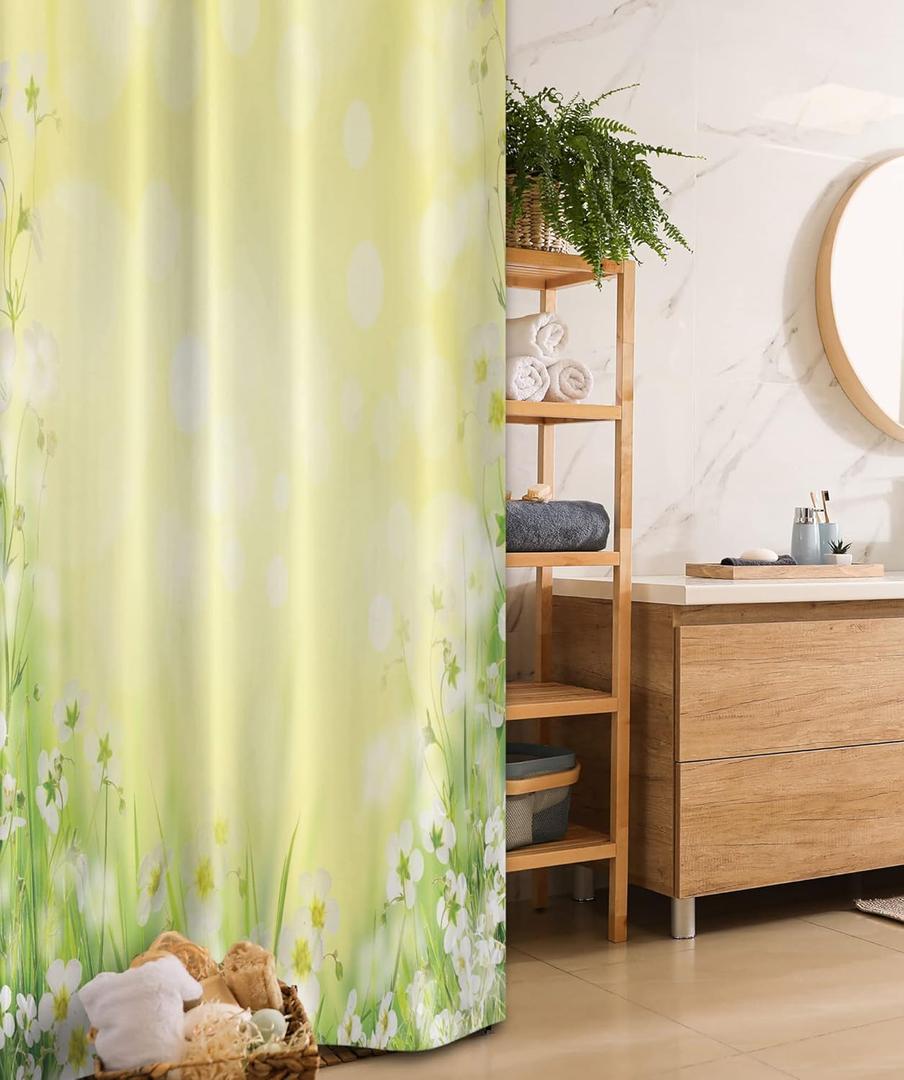 Ambesonne Flower Stall Shower Curtain, Blossom Field with Fresh Grass Soft Springtime Blurred Illustration, Fabric Bathroom Decor Set with Hooks, 36" W x 72" L, Yellow Green (36"W x 72"L (Pack of 1))